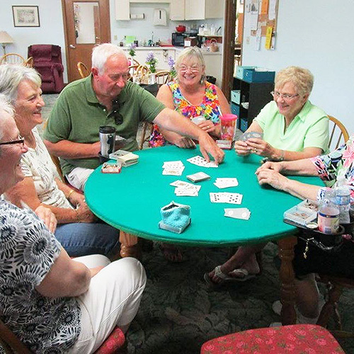 Felt covered table with people playing cards